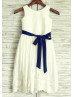 Ivory Cotton Eyelet Lace Flower Girl Dress With Navy Blue Sash